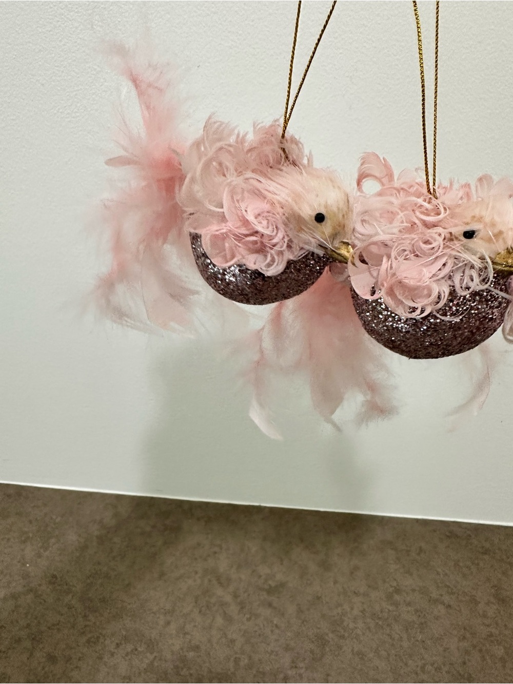 Pink Feathered Hanging Bird Ornaments Fluffy Glitter Set of 2 - Picture 4 of 5